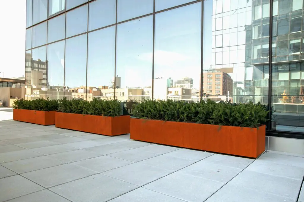 Corten steel planters hold greenery outside an office building.
