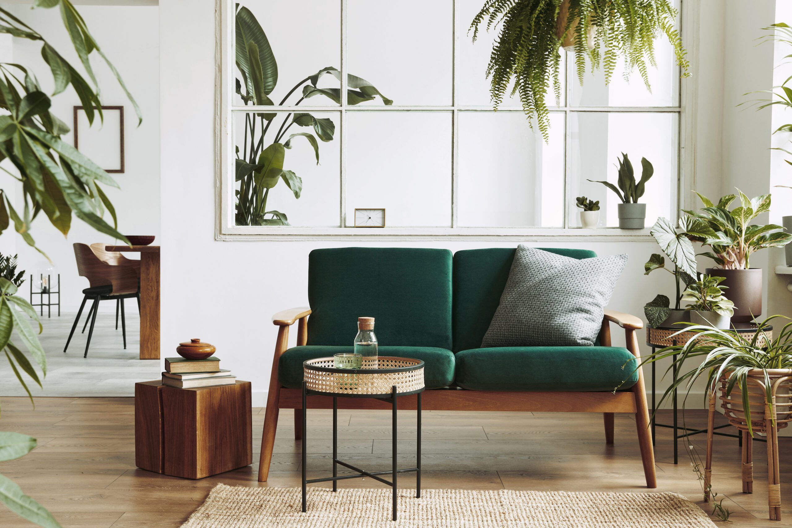 A green love seat in a living room with different plants surrounding it.