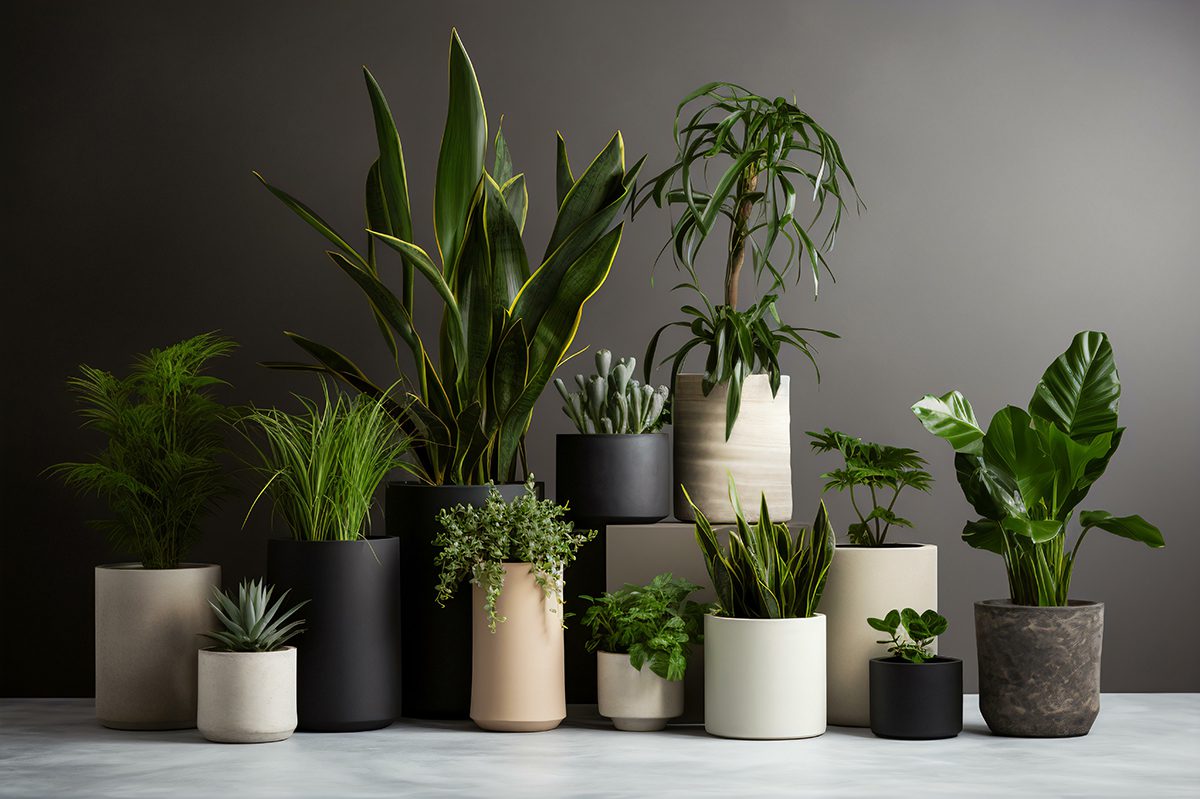 Various tall indoor plants placed along a dark colored wall.