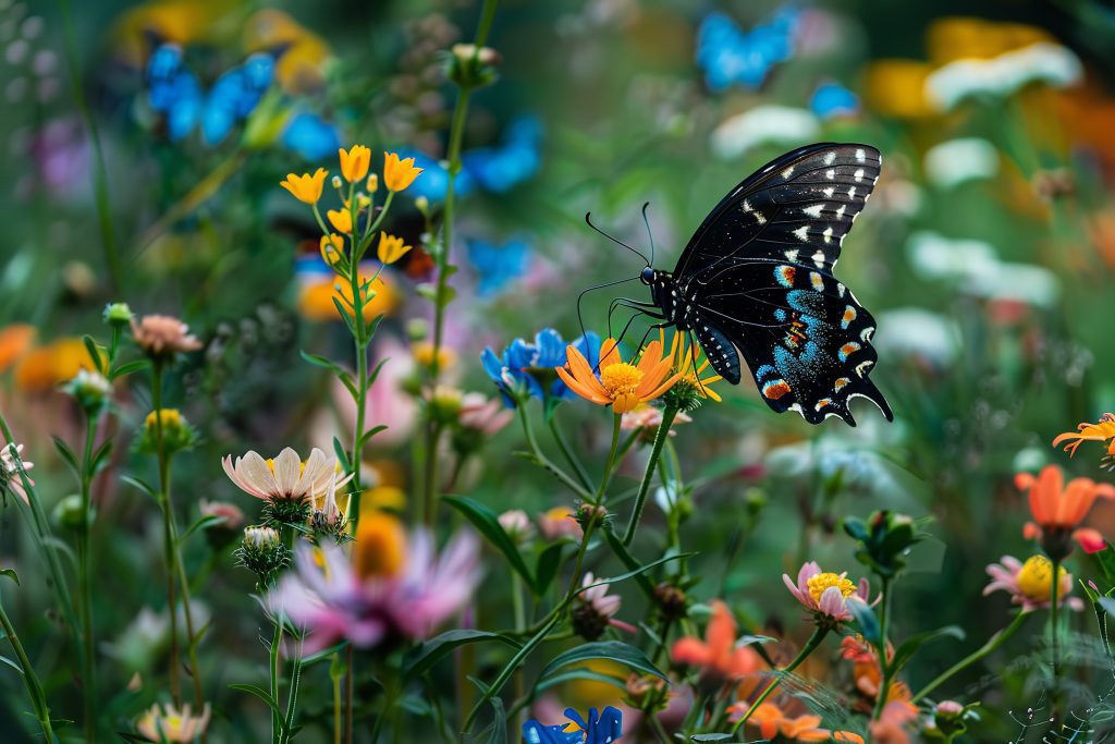A black and blue butterfly lands on a flower in a butterfly garden.